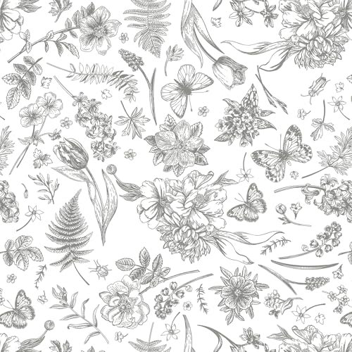 CiCiwind Peel and Stick Wallpaper 44CM×10M Self Adhesive Contact Paper White Gray Floral Sticky Back Plastic Waterproof Leaf Butterfly Stick on Wallpaper Removable Vinyl Wrap for Living Room Bedroom