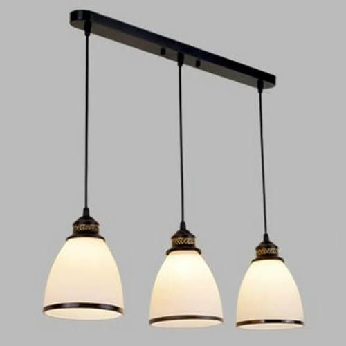 GONGKAI Plafonnier Suspendu à 3 têtes pour îlot de Cuisine à 3 lumières avec Abat-Jour en Verre Blanc Conique Ovale, Style Classique Vintage Rustique Noir/Or, Couleur Noire