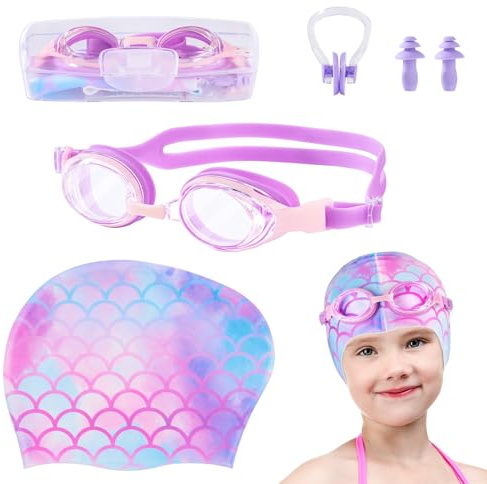 WAWSAM Girls Swimming Goggles Set with Unicorn Swim Cap | Children Swimming Goggles with Swimming Hat, Adjustable Swim Glasses, Ear Plugs Nose Clip Case for Pool Lessons Holiday