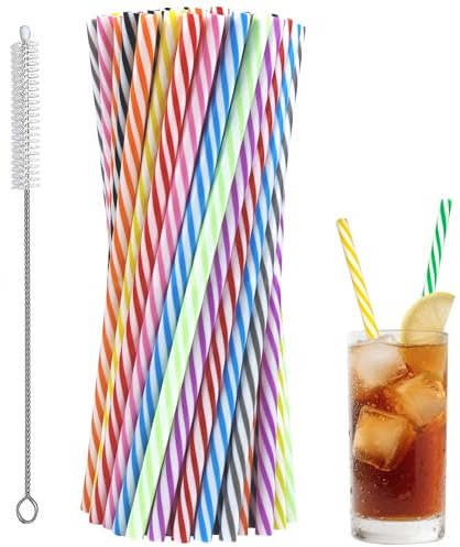 XINGNA 100 Stück Wiederverwendbare Strohhalme, Verdickte Strohhalme Plastik mit Strohhalmbürste, Trinkhalme Plastik für Smoothies, Saft, Heißgetränk, Cocktail (9.06 Zoll lang,0.28 Zoll Durchmesser)