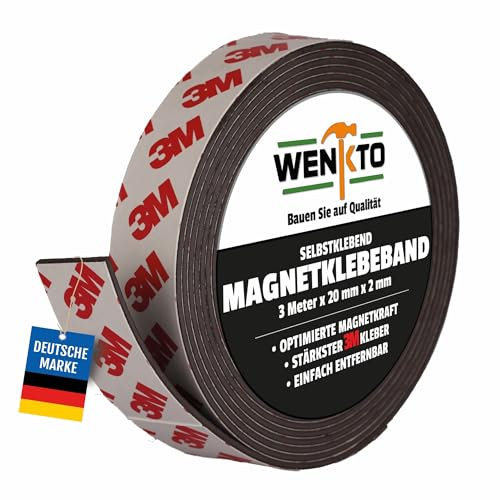 WENKTO® Nastro magnetico 3 metri; forte nastro magnetico 3M progetti fai da te e fai da te; nastro flessibile con magneti; nastro magnetico per pareti, porte e altro ancora (1 x 3 metri, 2 cm di