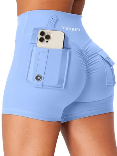 YEOREO CoreFlex, pantaloncini sportivi da donna con tasche, a vita bassa, sollevamento del sedere, a vita alta, per allenamento, palestra, yoga, leggings corti, pantaloncini booty, pantaloncini da
