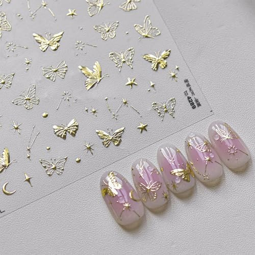 JMEOWIO 3D Embossed Gold Butterfly Nail Art Stickers Decals Self-Adhesive 5D Nail Supplies Nail Art Design Decoration Accessories 1 Sheets