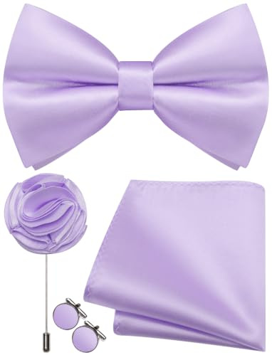 Ailisus Herren-Fliege und Einstecktuch, Manschettenknöpfe, Anstecknadel-Set, Seide, vorgebundene Fliege, verstellbar, Hochzeit, Party, Business