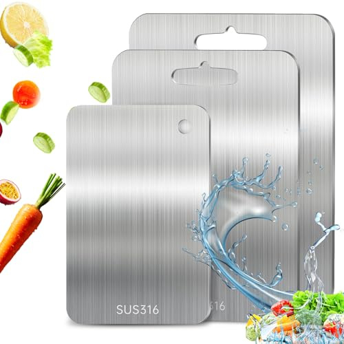3 Pezzi Tagliere Acciaio Inox, 316 Tagliere In Acciaio Inossidabile, Taglieri Acciaio Inox, Doppio Lato per Alimenti per Carne, Frutta, Verdura (39 * 28cm+34 * 23cm+29 * 20cm)