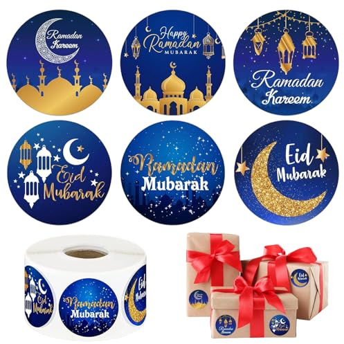 Ramadan Etiketten Aufkleber, 500 Stück Eid Sticker Round, Mubarak Sticker Rolle, Ramadan Aufkleber Deko, Eid Mubarak Etiketten, Self-Adhesive, für Briefumschläge und Geschenkboxen(B)