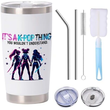 Onperpoe Kpop Wasserflasche, isolierter Kaffeebecher, Reisebecher, auslaufsichere Edelstahl-Wasserflasche mit Strohhalm-Deckel und Reinigungsbürste, Cup K Pop Merch, Geschenke für Mädchen, Kpop-Fans