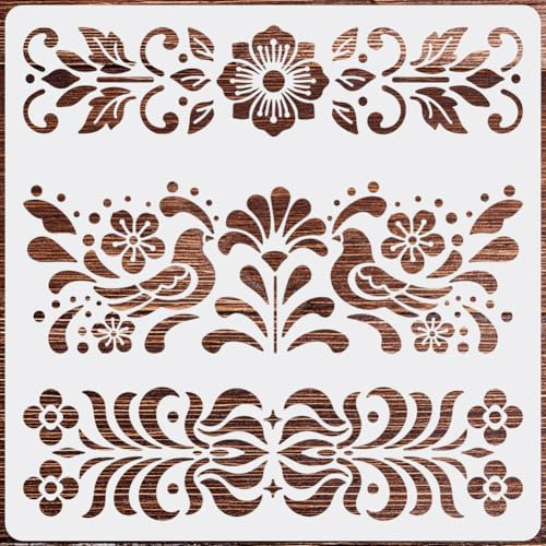 PRESSINART Folk Art Vorlage 12 x 12 Zoll Wiederverwendbar Für Zeichnen DIY Handwerk Wohnkultur Mexikanische Blüten Schablonen Bordüre Für Holzwand Boden Möbel Kunst Design Nachverfolgung Scrapbook