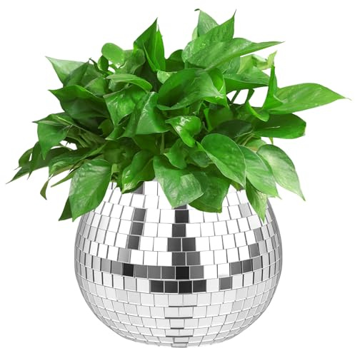 Discokugel Blumentopf, Klein Discokugel Vase,Diskokugel Pflanzen, Discokugels Deko übertopf Makramee, Disco Kugel Pflanzentopf, Spiegelkugel Deko Blumentöpfe für Party, Büro,Küche (Silber, 4*5 Zoll)