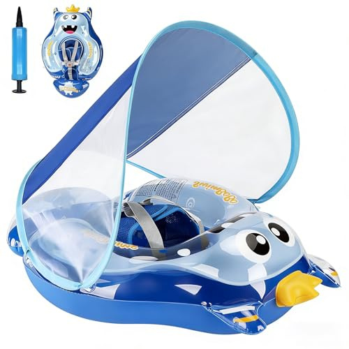 ROCKY&CHAO Schwimmring Baby mit UPF50+ Sonnenschutzdach Aufblasbare Schwimmhilfe Verstellbarer Sicherheitssitz Kleinkind Pool Schwimmring Schwimmtrainer für Kinder von 6 bis 24 Monaten (bluemons2026