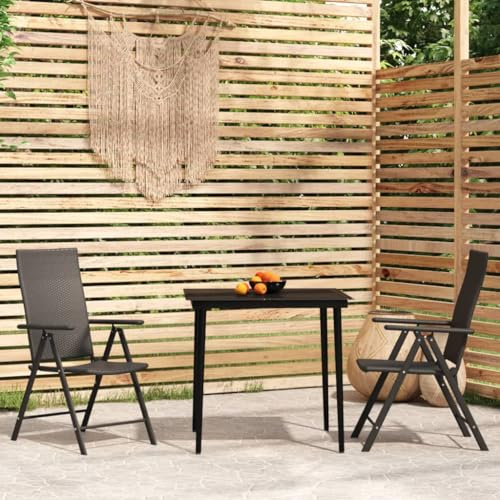 Owoxanthellate 3tlg. Schwarze Gartengarnitur 80x80 cm Stahl/Glas, 7-Fach verstellbare Rattan-Sessel, klappbar für Balkon & Terrasse