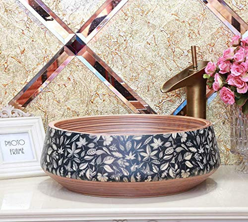 Navy Leaf Vintage Paisley Floral Patterned Bathroom Cloakroom Round Ceramic Porcelain Counter Top Kasbah Wash Basin Sink Washing Bowl (Brown)