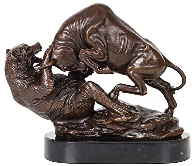 Klassische Wall Street Bull Skulptur Bronze Bär und Rinder Kampf Statue mit Marmorsockel Vintage Art