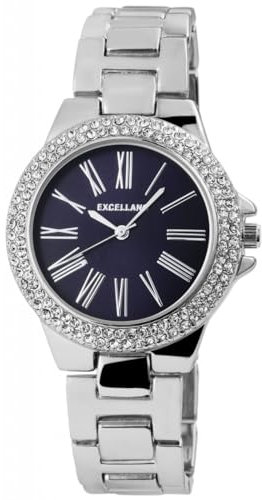 Excellanc Damen-Uhr Gliederband Metall Strass Faltschließe Analog Quarz 1800140 (silberfarbig/dunkelblau)