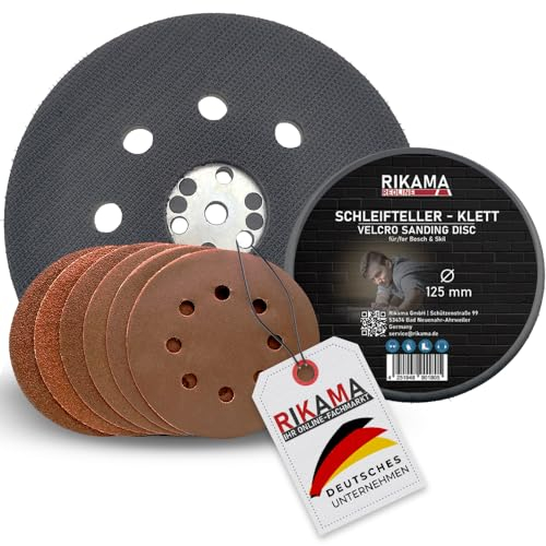 RIKAMA® Schleifteller Ø 125 mm Klett | geeignet für Bosch/Skil | gelocht | für Exzenterschleifer | Polierteller | Klettteller | Professional (Schleifteller inkl. 10 Blätter im Mix)