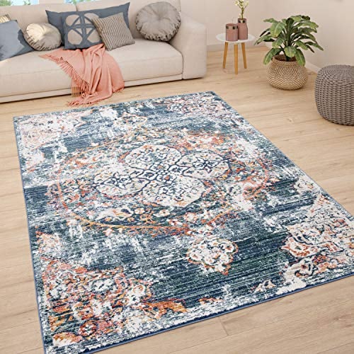Paco Home Teppich Wohnzimmer Kurzflor Schlafzimmer Moderne Vintage Orient Ornament Muster Pastell Bordüre, Grösse:120x170 cm, Farbe:Blau