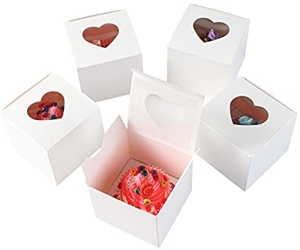 Komonee 50 x Cupcake Boxes Individual White Heart Shape Clear Window Single Fairy Cup Cake Cardboard Packaging Box Baking Kids Muffins Cookies Brownies Christmas Bake Weddings