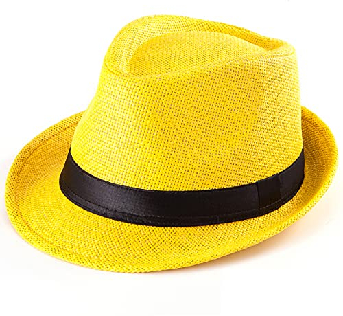 LADYBRO Sommer Stroh Trilby Hut für Herren 1920er Kurze Krempe Fedora Hut, 58cm, Gelb