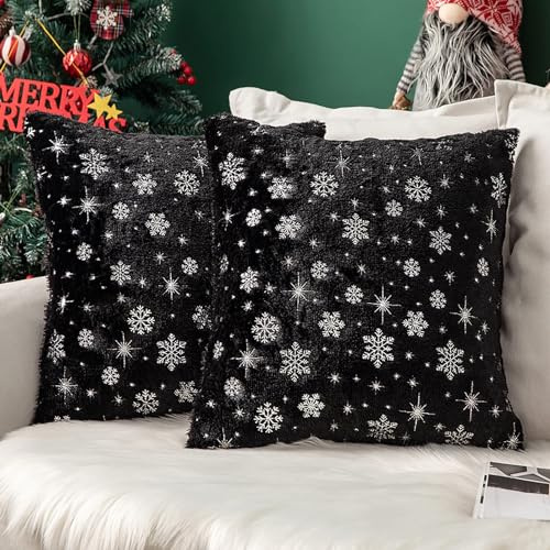 MIULEE 2er Set Kissenbezüge Weihnachten Kuschelkissen Flauschig Schneeflocken Dekokissen Sofakissen Plüschkissen Fellkissen Couchkissen Kissenhülle Zierkissenbezug für Wohnzimmer 45x45 cm Schwarz