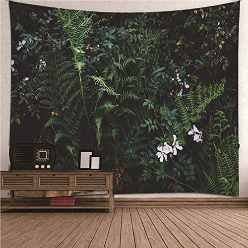 EHOMERY Wandteppich Yoga Wandtuch Querformat Grün Weiß Blätter Und Weiße Blume XXL Natur Wanddekoration Junge Wandbehang Wandschmuck Groß Schlafzimmer Wohnzimmer Wanddekoration 300X260Cm