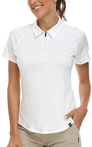 Soneven Polo Femme Noir Manches Courtes Respirant Slim Fit Polo UPF 50+ 1/4 Zip pour Golf Sports de Plein Air Été Tennis (Blanc, M)