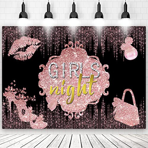 2.1x1.5 m Mädchen-Nacht-Hintergrund für Party-Dekorationen, Damen, Mädchen, Roségold, Rosa, High Heels, Taschen, Glitzer-Hintergrund, Junggesellinnenabschied, Brautparty, Nacht, Dekoration, Banner