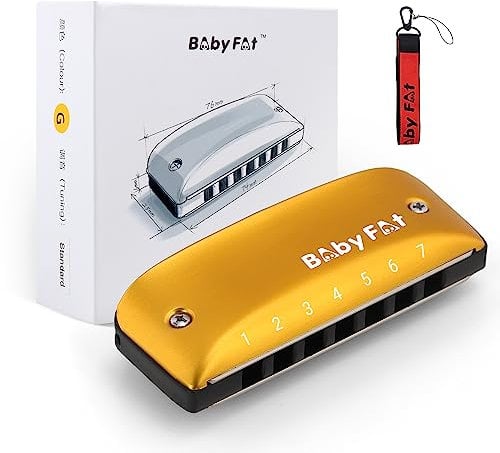 BabyFat Mini-Mundharmonika-Set mit 7 Löchern, diatonische Mundharmonika mit kostenlosen Schlüsselbändern, Geschenke für Kinder und Anfänger, leicht spielendes Musikinstrument (G-Taste)