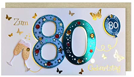 Grußkarte 80 Geburtstag Karte Applikationen AvanMore Sekt Luftballons 22x11cm