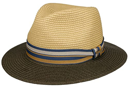Stetson Romaro Toyo Traveller Strohhut Herren UV-Schutz 40+ Breite Krempe Gestreifte Ripsbandgarnitur Frühjahr Sommer Oliv S (54-55 cm)