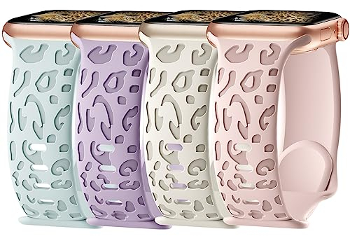 Jiamus 4 Stück Leopard Gravierte Armbänder Kompatibel mit Apple Watch Armband 40mm 41mm 44mm 38mm 45mm 49mm 42mm Damen Herren,Sport Silikon Ersatzarmband für iWatch SE Ultra 2 Series 9 8 7 6 5 4 3 2 1
