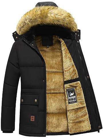 ANUFER Termisk vinterparkas jacka för män, tjockt flufffoder, bomull, vadderad kappa med avtagbar pälshuva, Svart, L