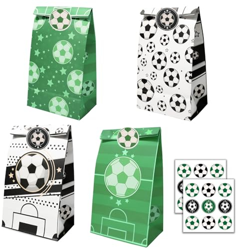12 Stück Fußball Papiertüten Geburtstagstüten Fussball Party Tüten mit 18 Aufkleber 4 Muster für Kinder Weihnachten Halloween Geburtstag Hochzeit Party für Geburtstag Kinder Fußball Motto Party Favors
