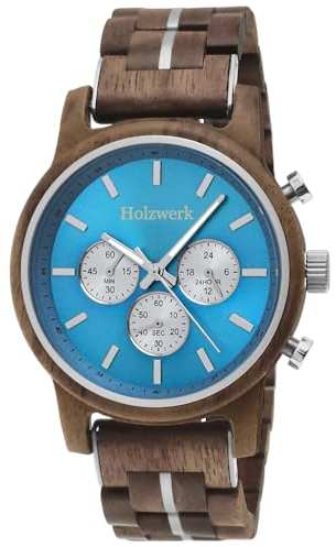 Holzwerk Germany Handgefertigte Designer Herren-Uhr Öko Natur Holz-Uhr Chronograph Armband-Uhr Analog Quarz-Uhr Braun Blau Datum Holz