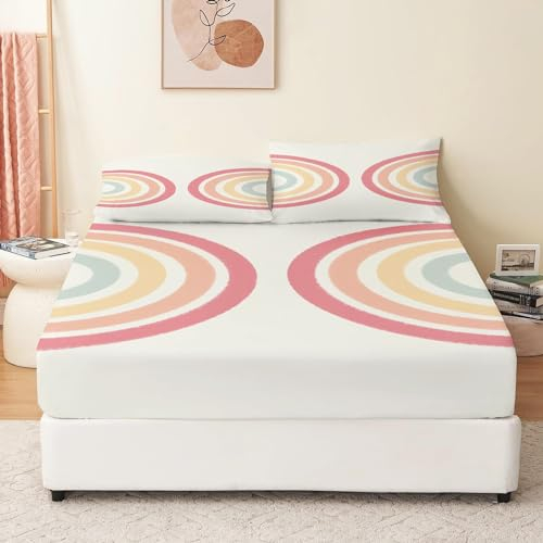 Spannbettlaken Set 180x200 cm Tiefe Tasche 30 cm, Cartoon-Halbkreis-Regenbogen Muster Spannbetttuch Weiche Atmungsaktiv Anti-Falten Microfaser Farbe Spannbetttücher für Kinder Teenager Erwachsener