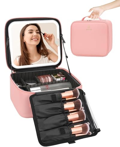 Travel Makeup Bag with LED Mirror-3 Colors Modes, Portable Makeup Organiser with Adjustable Dividers Compartment, Light Up Vanity Case, Makeup Storage for Women with Makeup Accessories,Pink
