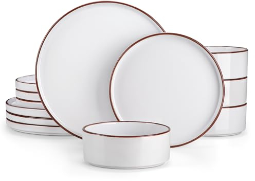 vancasso Série VENUS Assiettes Service de Table Moderne en Grès 12 Pièces Rond avec 4 Assiettes Plates Grandes, 4Assiettes Plates Petites et 4 Bols Polyvalents pour 4 personnes