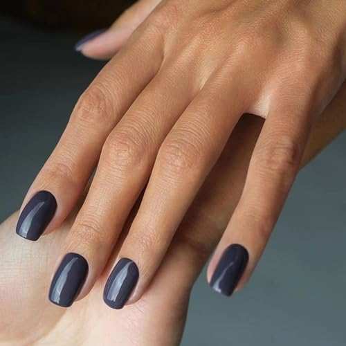 Ceboic 24 Pièces Faux Ongles Court Carré Français Couleur Pure Press on Nails Naturel Ongles Artificiels Couverture Complète Acrylique Faux Ongles à Coller pour Femmes et Filles - Bleu Marine