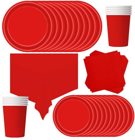 POPOYU Vajilla de fiesta de cumpleaños infantil, color rojo, 69 unidades, vajilla de papel para fiesta de cumpleaños, juego de platos de papel, servilletas, para Navidad, cumpleaños, bodas,