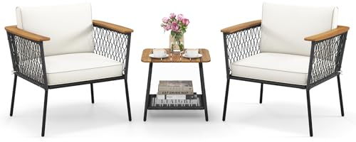 COSTWAY 3tlg. Rattan Gartenmöbel Set Akazienholz, Terrassenmöbel inkl. 2 Rattansessel und Beistelltisch, Sitzgruppe mit Rückenkissen und Sitzkissen, Sitzgarnitur für Veranda, Balkon