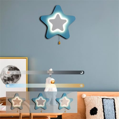 TZSMUM Dimmbar Kinderzimmer Wandlampe mit Schalter LED Innen Wandleuchte Kinder Lampe Stern 3 Farbe Schlafzimmer Bettlampe Jugendzimmer Wohnzimmer Lampe Wand Beleuchtung Deko (Blau)