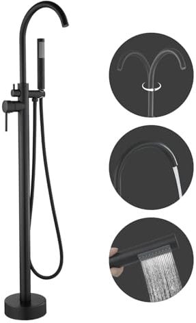 ROVOGO Ganzmetall Freistehende Badewannenarmatur Schwarz mit Handbrause, 360° Schwenkbar Messing Wannenarmatur mit Brause für Freistehende Badewanne, Bodenmontage, Einhebelmischer Armatur Badewanne