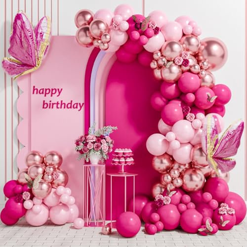 Kit Arco Palloncini Rosa,112 Pezzi Arco Per Palloncini Compleanno Rosa Oro con Palloncini Fucsia e Rosa, Ghirlanda Palloncini Rosa Scuro per Decorazioni Compleanno, Matrimonio, Battesimo, Anniversario