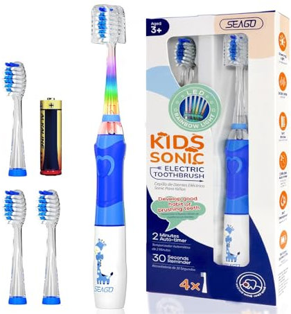 Brosse à dents électrique pour enfants 3-12 ans, 2 min de minuterie pour de bonnes habitudes, 4 têtes de rechange douces, pile AAA incluse, LED colorée pour un brossage amusant (Bleu)
