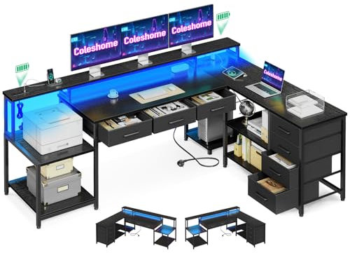 Coleshome Tavolo da Gaming con Luci LED RGB, 199.5×145.5cm Scrivania Angolare con 7 Cassetti e Ampio Spazio di Archiviazione, Scrivania a Forma di L Reversibile con 2 Prese, Nero
