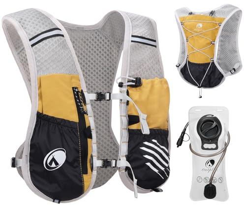 Outplea Sac Hydratation avec 2L Poche a Eau, Réfléchissant Gilet Hydratation Running Femme Homme, Léger Gilet Trail, Sac Running Hydratation pour Marathon Vélo Moto Course, Jaune