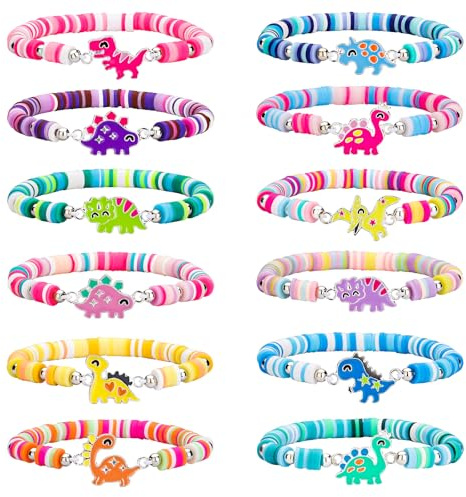 Soleebee 12 Stück Freundschaftsarmband Kinder Einstellbare Geflochten Armbänder, Bunte Perlen Stretch Boho Armbänder Set Kinderschmuck für Mädchen Kinder Mitgebsel Geburtstag Party (Dinosaurier B)