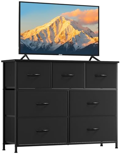 Somdot Kommode mit 7 Stoffschubladen, Schlafzimmer, Schwarz | Komodenschrank, Stoffkommode, Großer Stauraum, Metrallrahmen, Holzwerkstoffoberplatte,Wohnzimmer, Flur, 30T x 100B x 77H