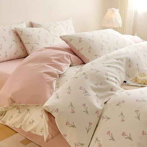 Covebett Housse de Couette Coton 140x200 Rose Blanc Tulipes Fleurs Parure de Lit 2 Pièces Adulte 1 Personne Doux 100% Coton Foncé Linge de lit avec Fermeture Éclair et 1 Taies d'oreiller 65x65cm