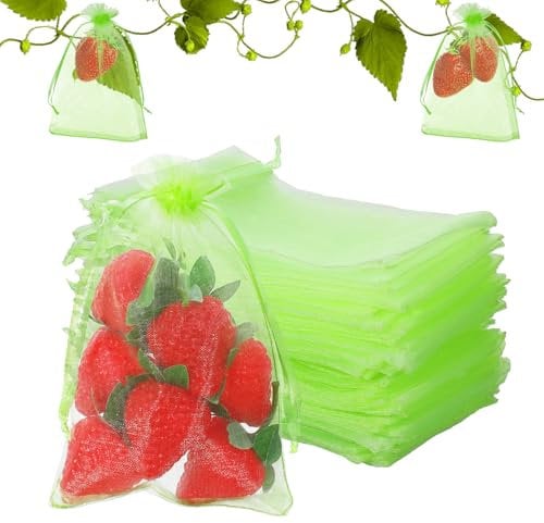 100 Pcs Fruit Protection Bags 4x6 Inch Green Strawberry Netting Cover Drawstring Mesh Bags Fruit Protectors Pest Barrier for Tomato Mango Blueberry Fruits Trees Veggies Garden