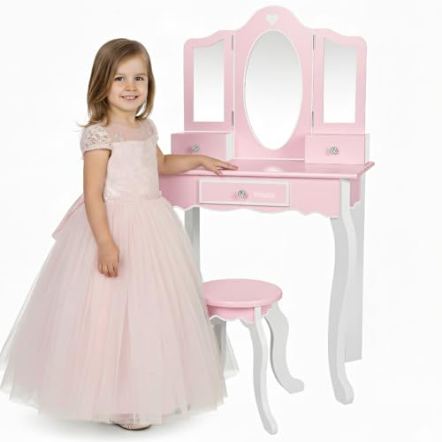 Green series Kinderplay, tavolo da toeletta grande in legno con specchio, tavolo da trucco rosa per bambini